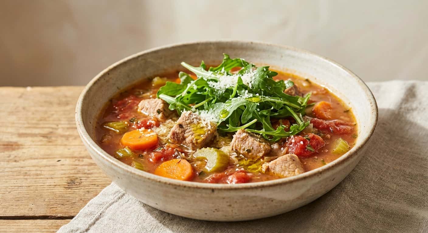 Sopa de Cerdo Mediterránea con Rúcula