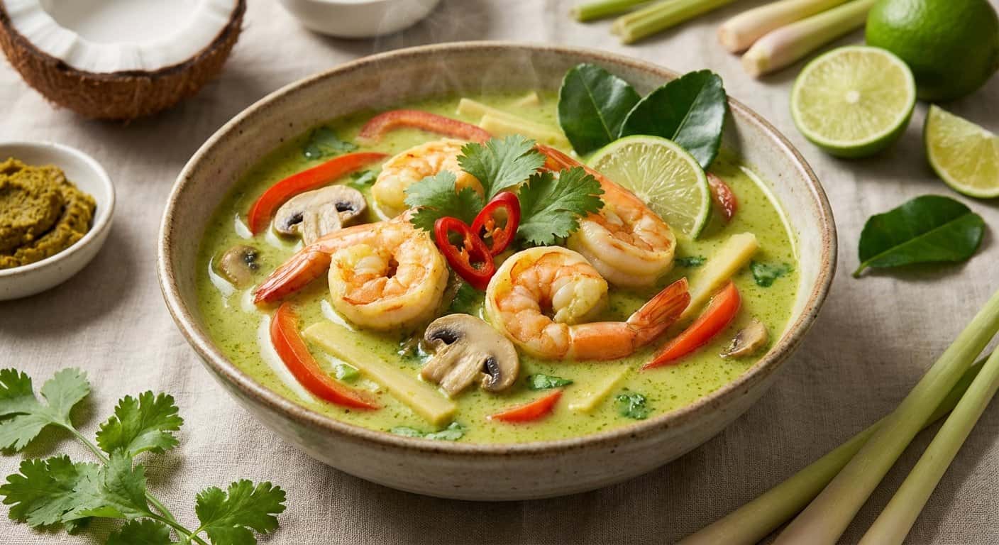 Sopa de Coco y Curry Verde con Langostinos