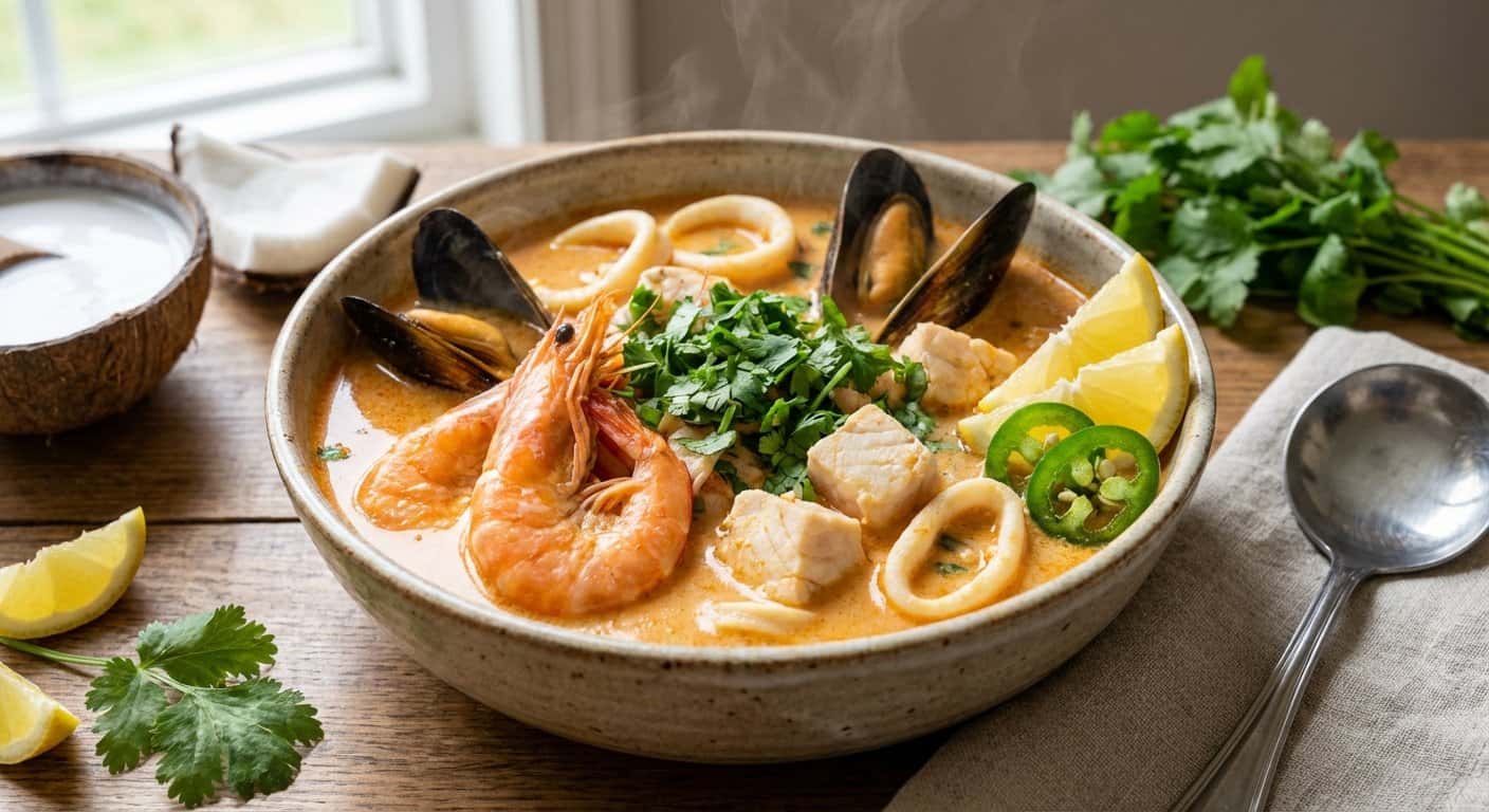 Sopa de Mariscos con Leche de Coco y Cilantro