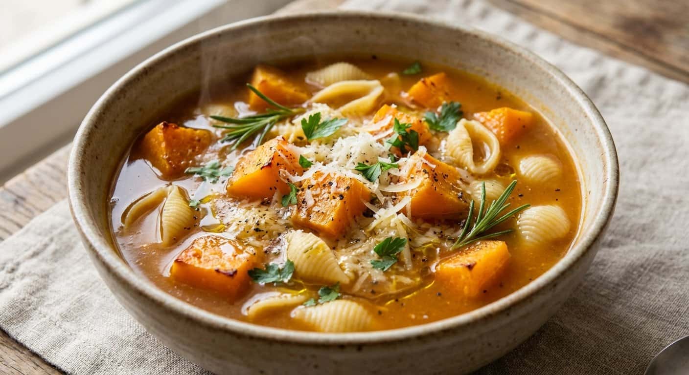 Sopa de Pasta con Calabaza y Caldo Vegetal