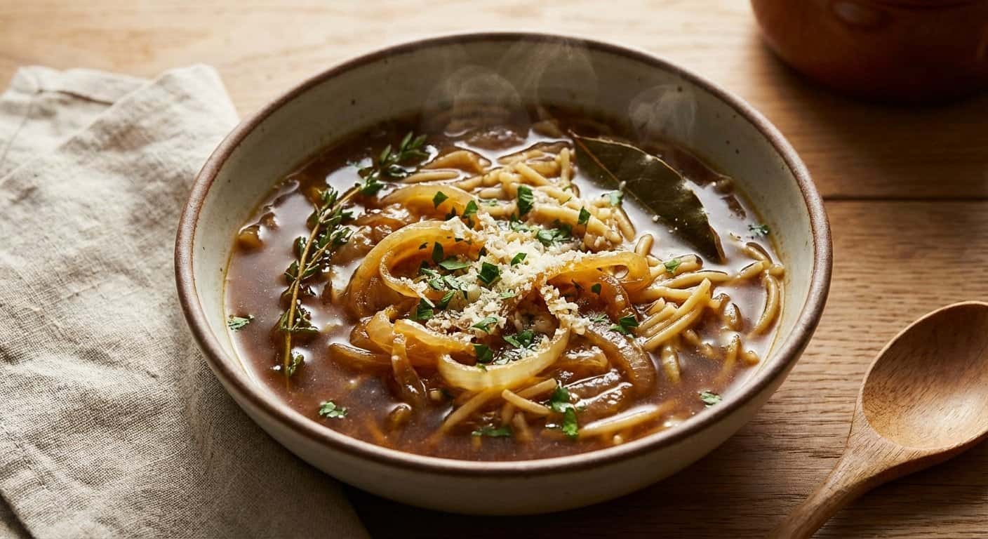 Sopa de Pasta con Cebolla Caramelizada