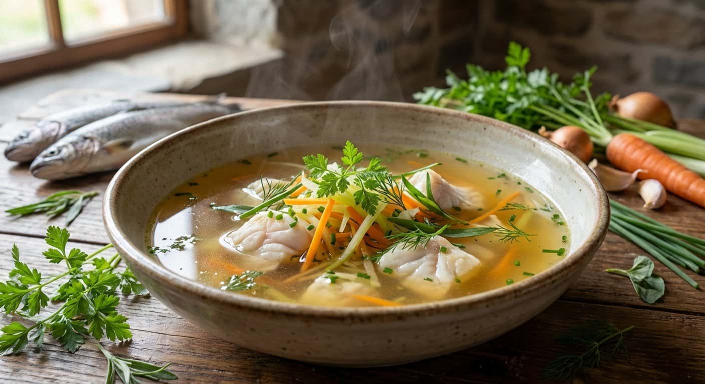 Sopa de Pescado Clarificada con Hierbas