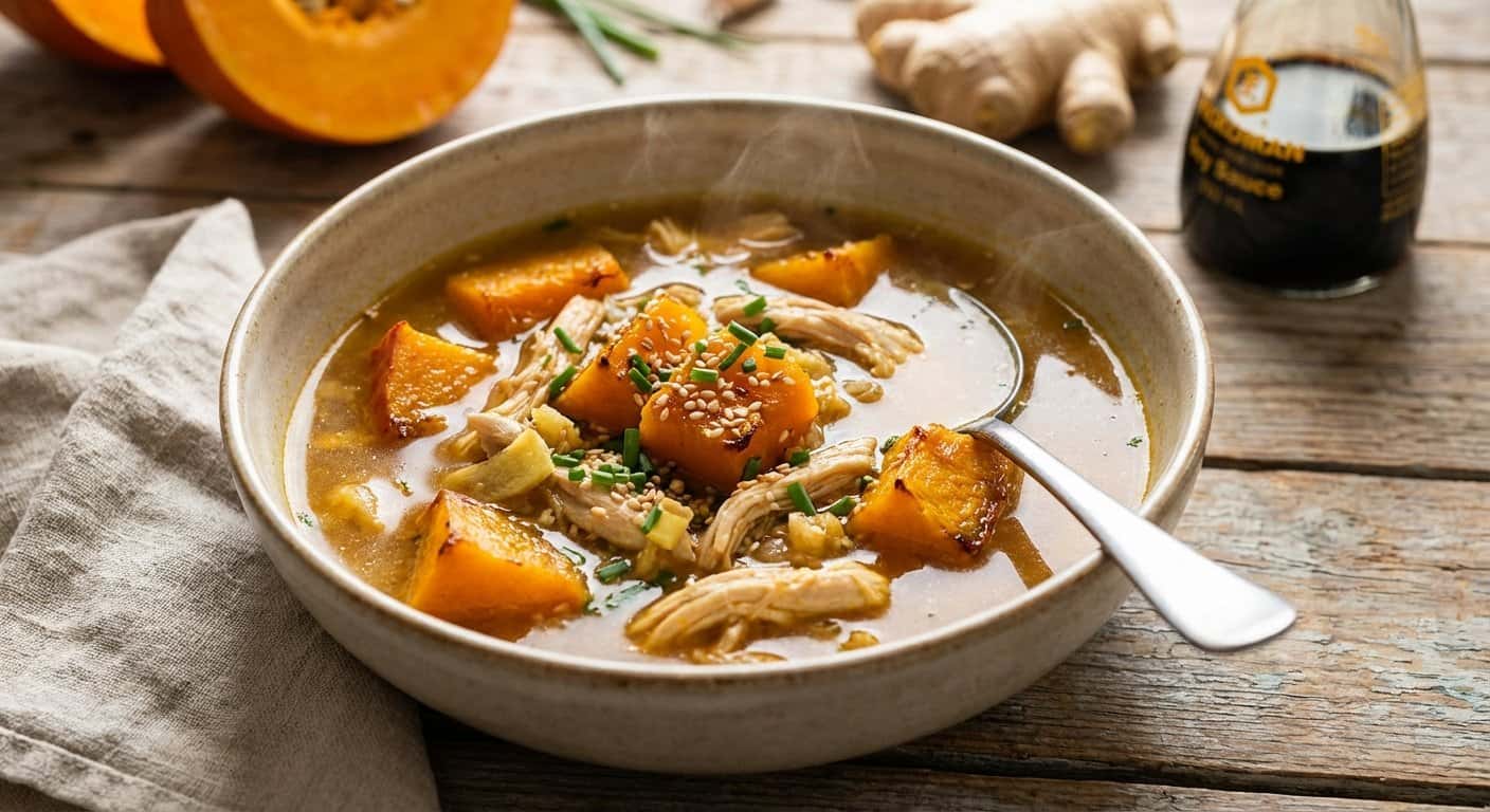 Sopa de Pollo Asiática con Calabaza