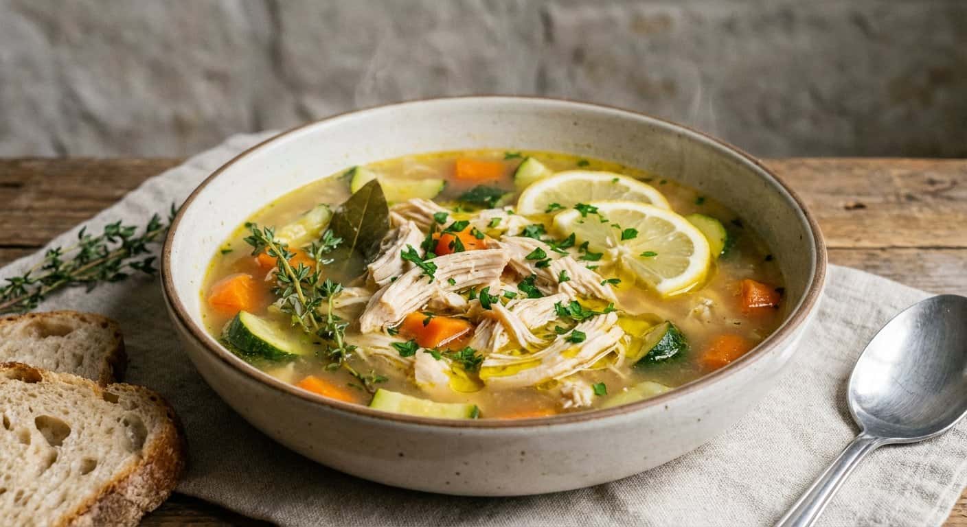 Sopa de pollo con calabacín y limón