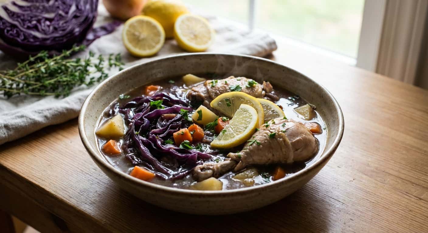 Sopa de Pollo con Col Lombarda y Limón