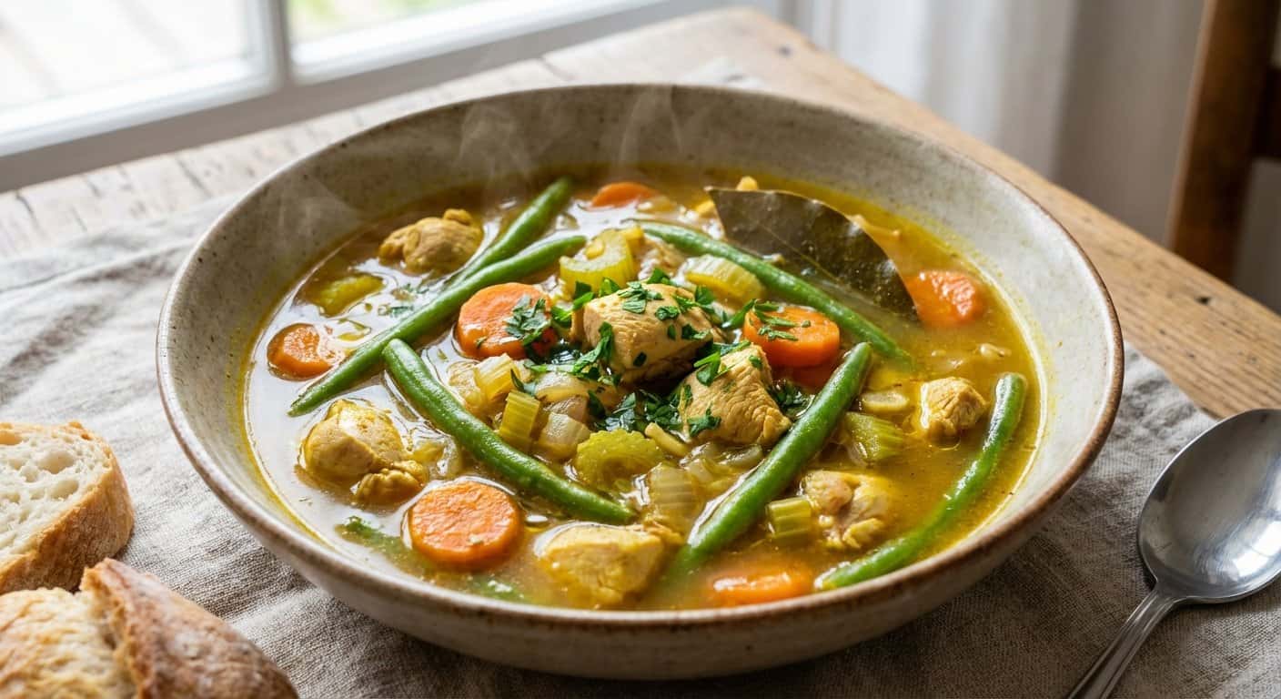 Sopa de Pollo con Especias y Judías Verdes