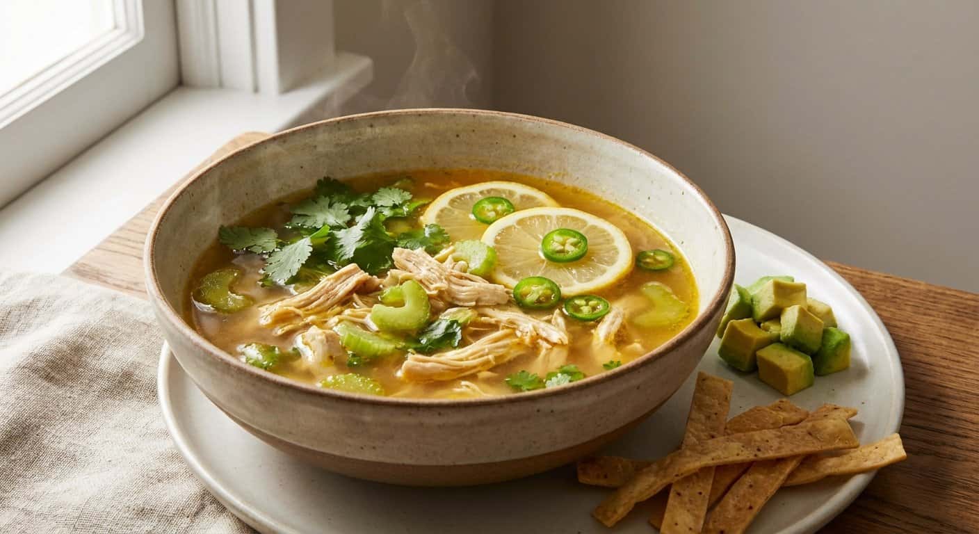 Sopa de pollo estilo al limón con apio