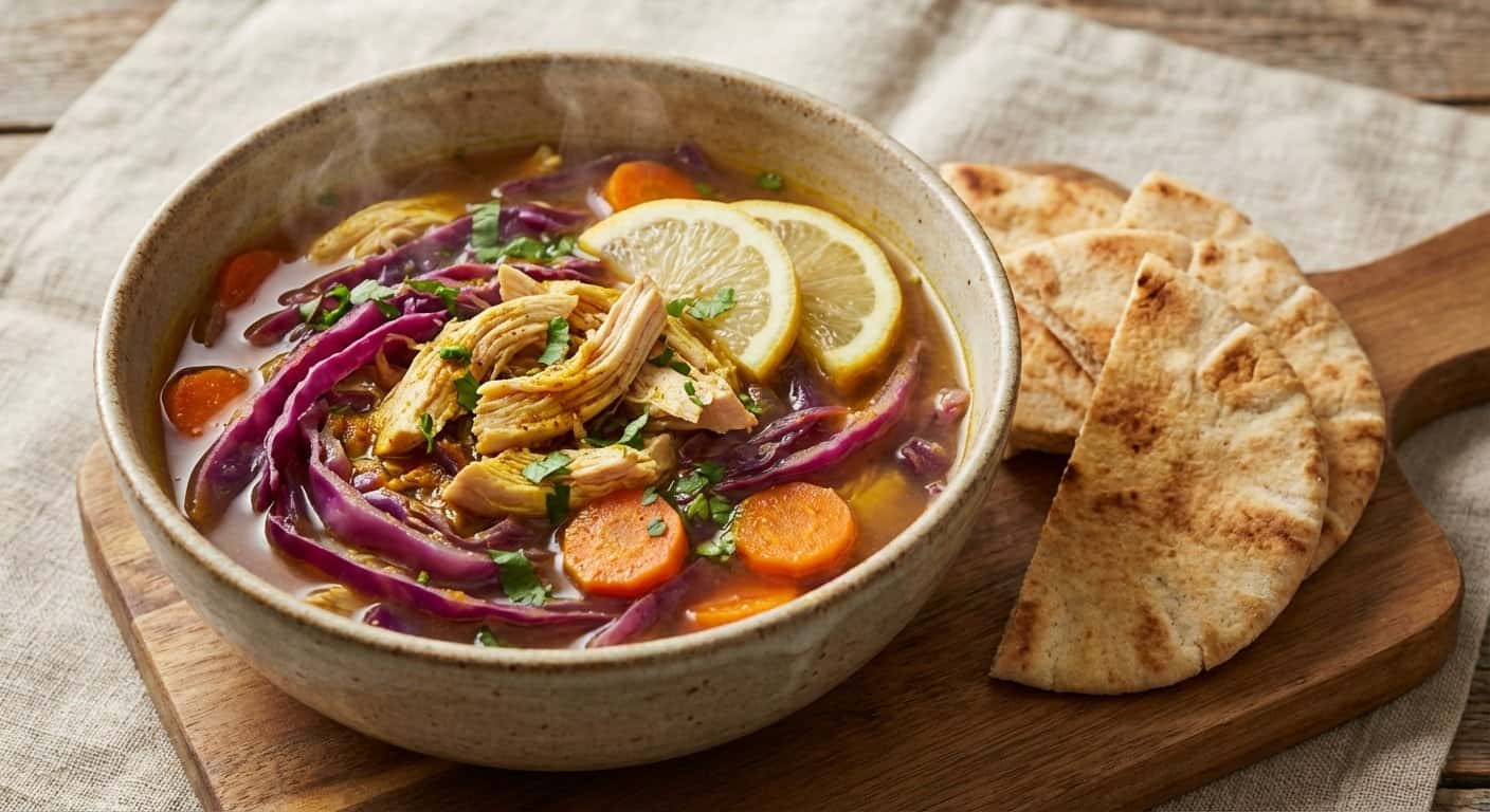 Sopa de Pollo Marroquí con Col Lombarda