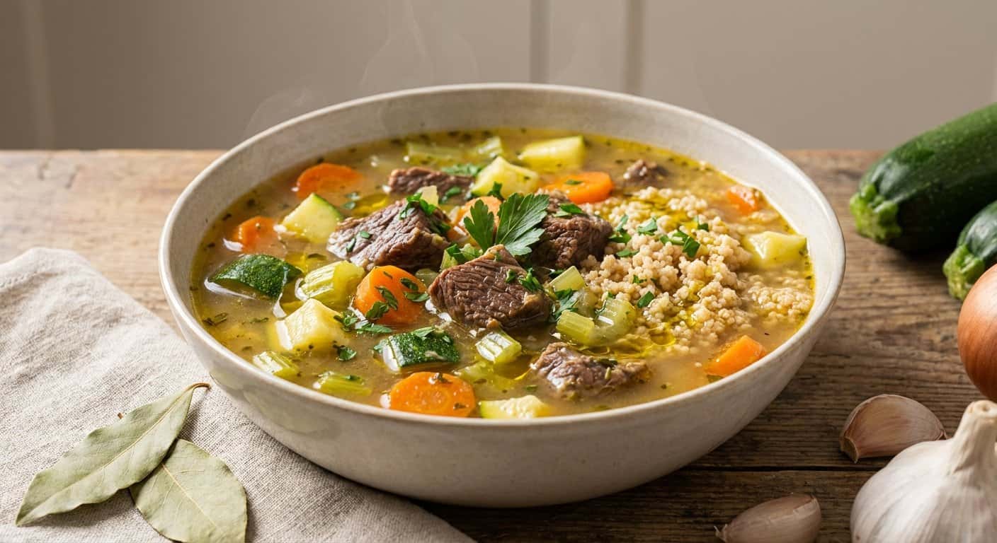 Sopa de ternera con calabacín y cuscús integral