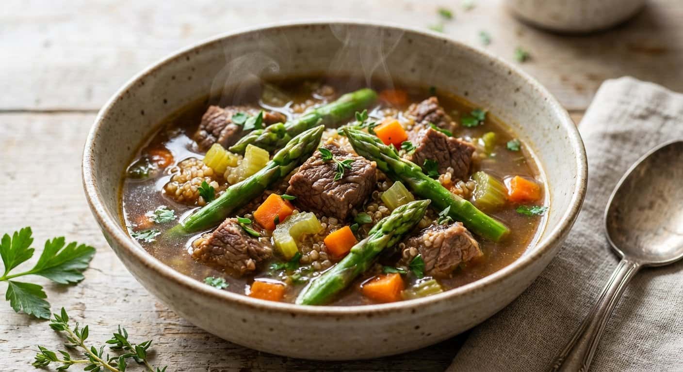 Sopa de Ternera con Espárragos y Quinoa