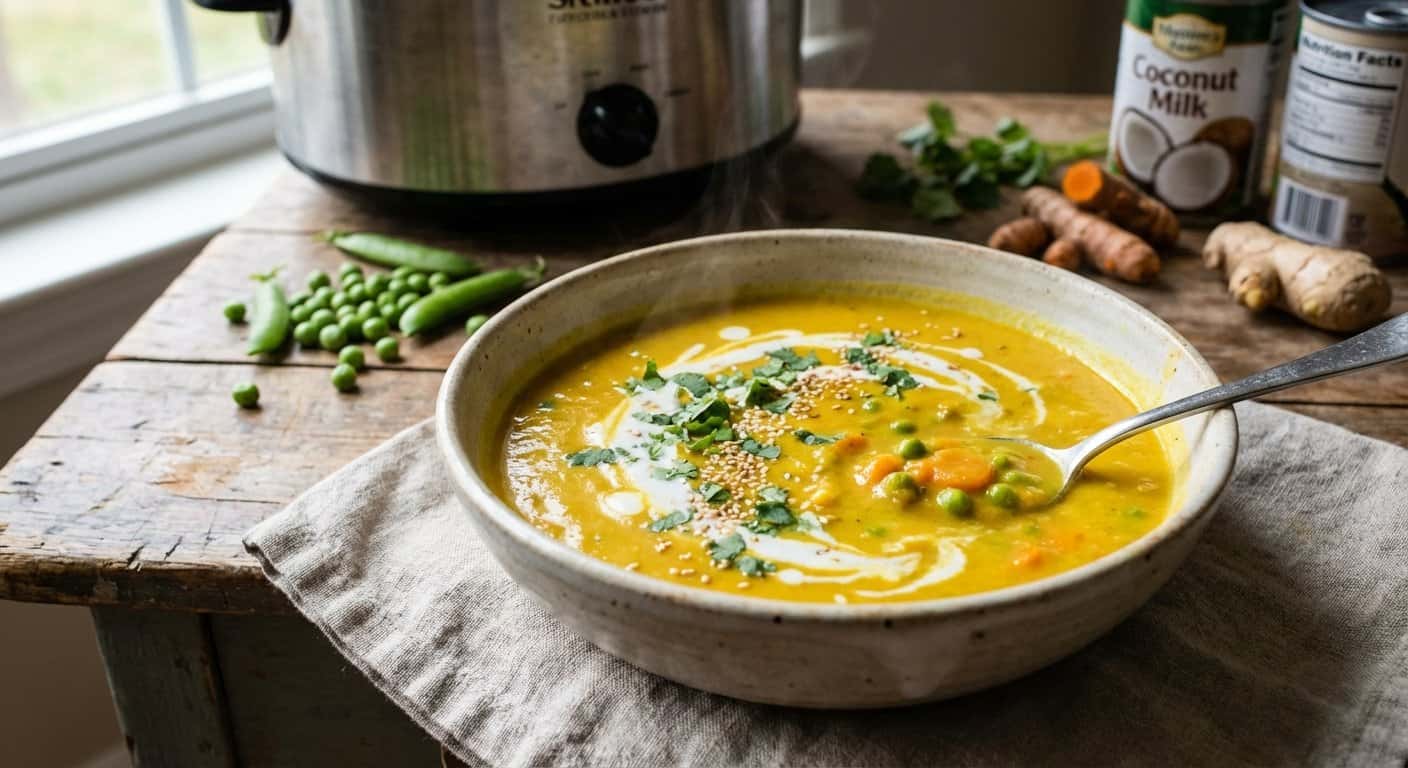 Sopa Especiada de Guisantes con Cúrcuma y Leche de Coco