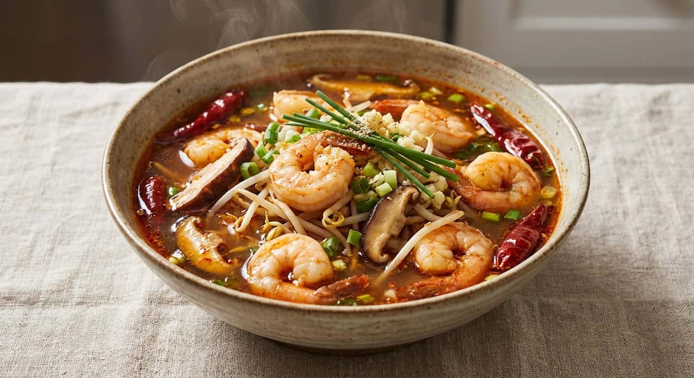Sopa Hunan de Gambas con Brotes de Soja