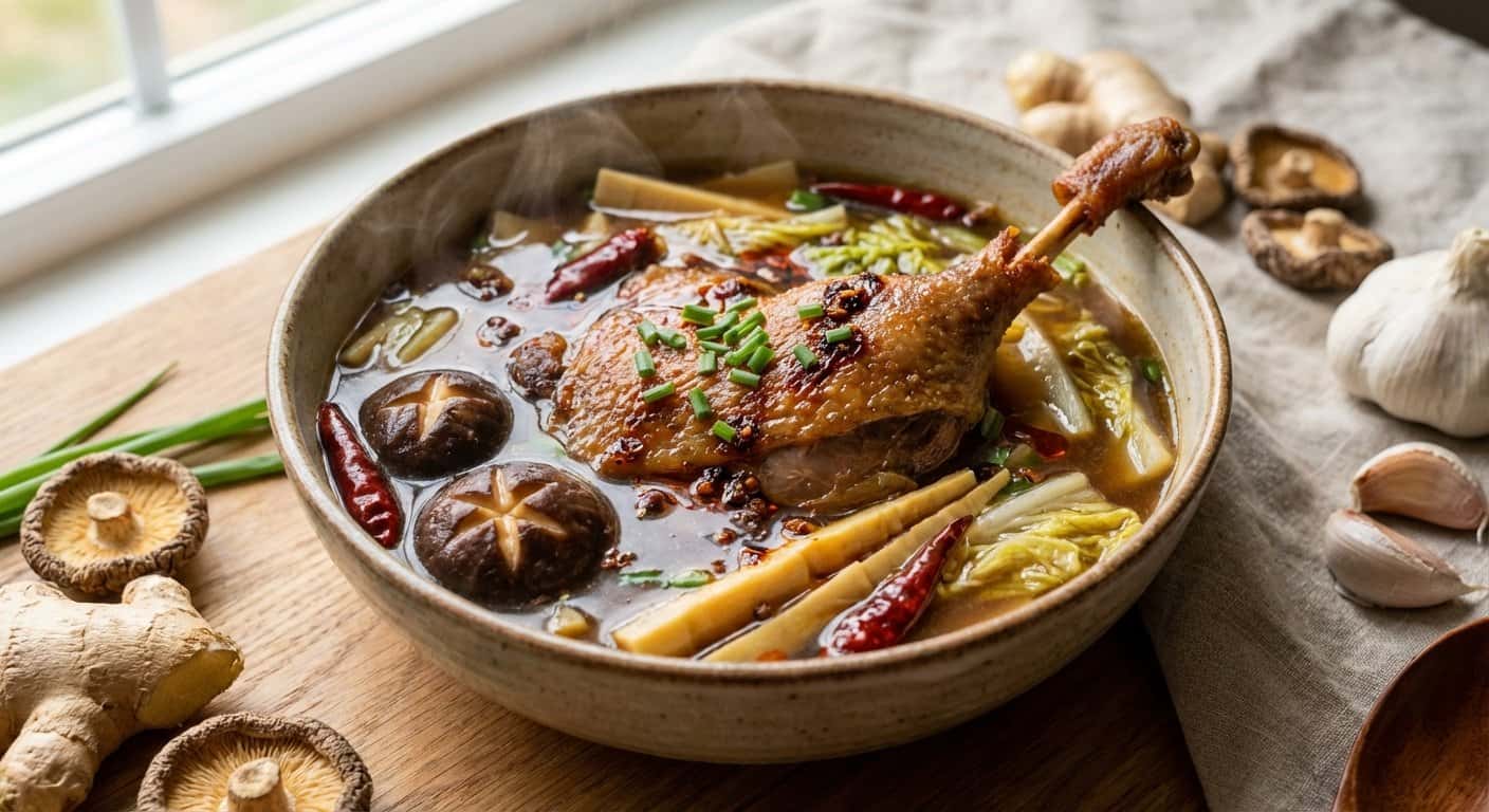 Sopa Hunan de Pato con Setas