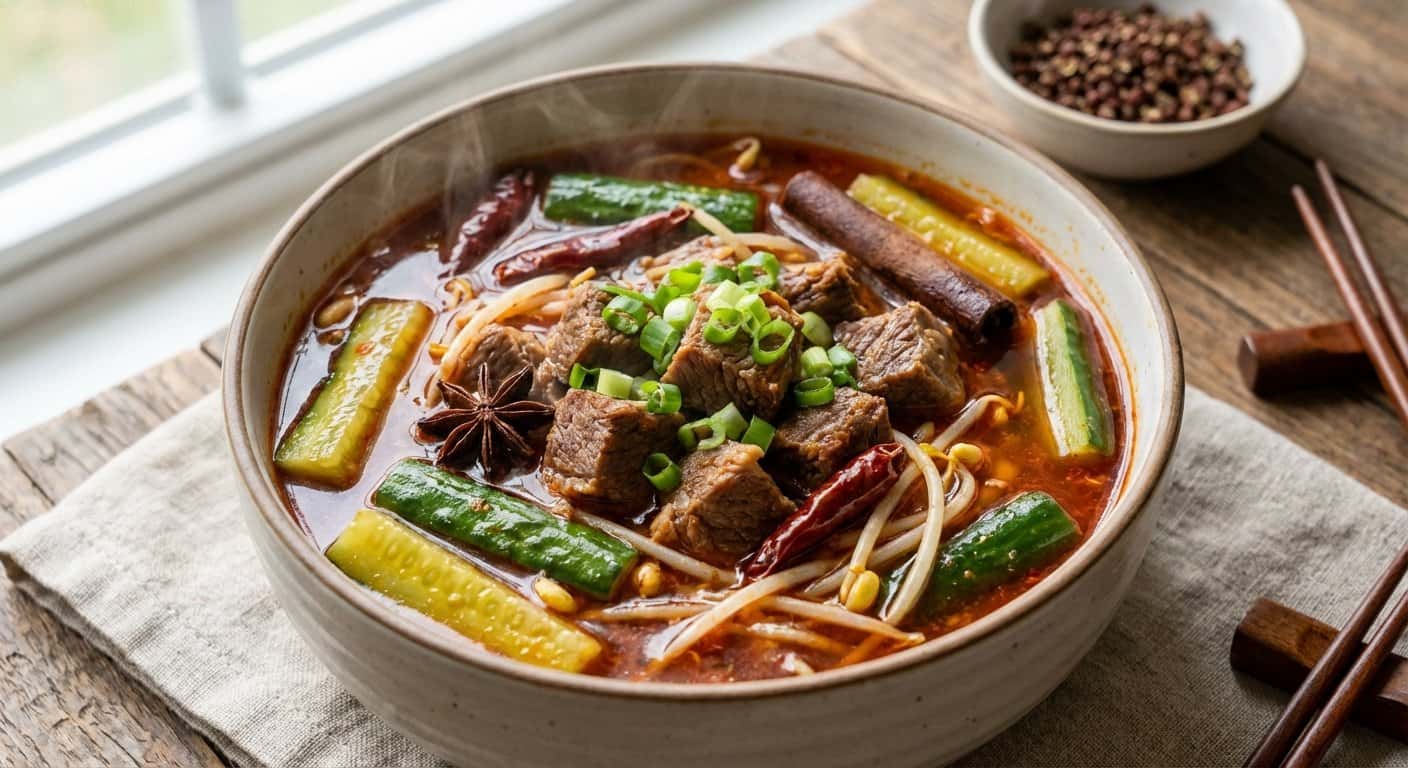 Sopa Hunan de Ternera con Pepino