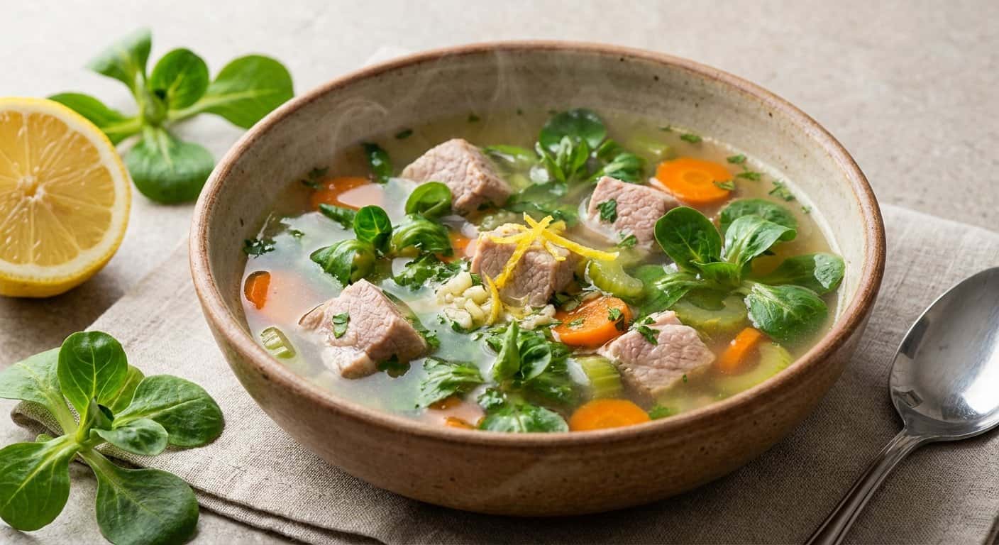 Sopa Ligera de Cerdo con Canónigos y Ajo y Limón