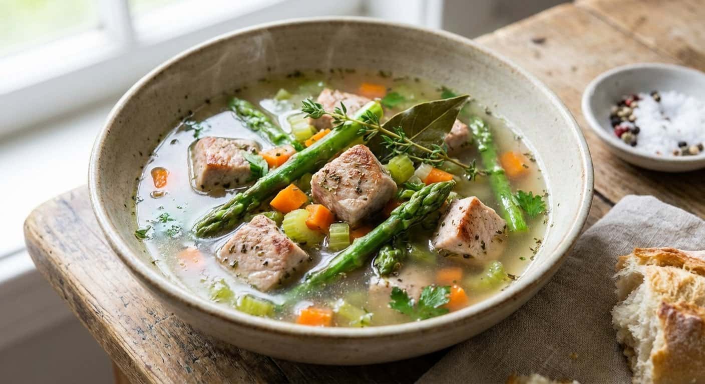Sopa Ligera de Cerdo con Espárragos y Hierbas Provenzales