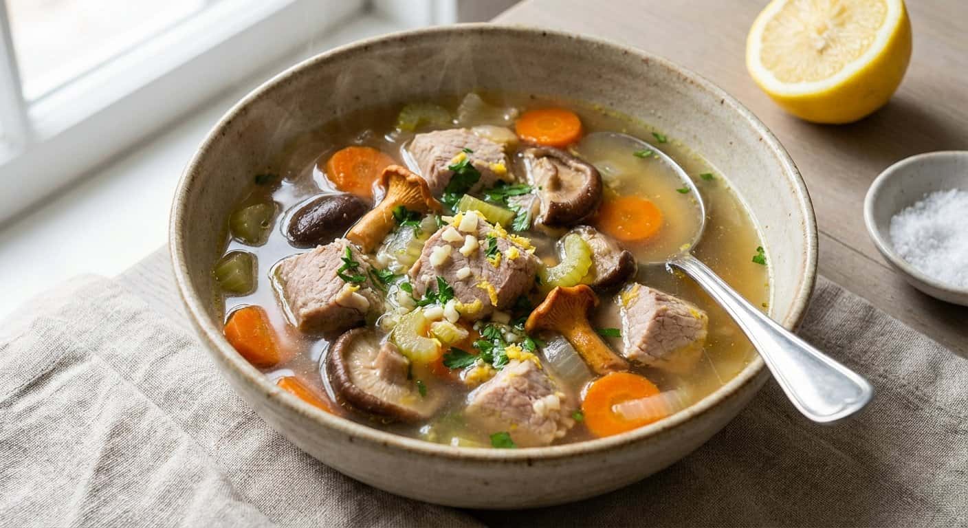 Sopa Ligera de Cerdo con Setas y Ajo y Limón