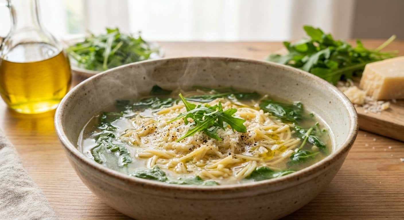 Sopa Ligera de Pasta con Rúcula
