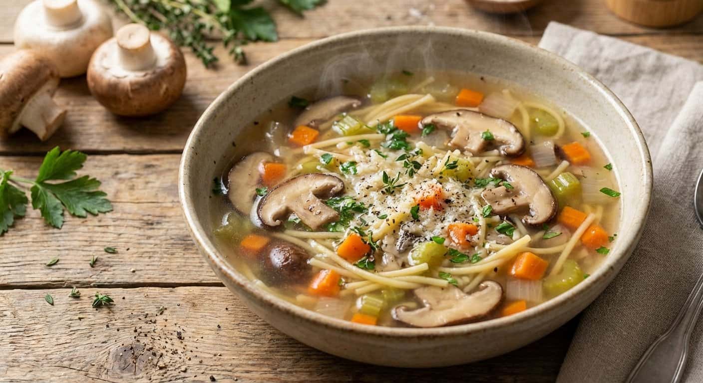 Sopa ligera de pasta con setas