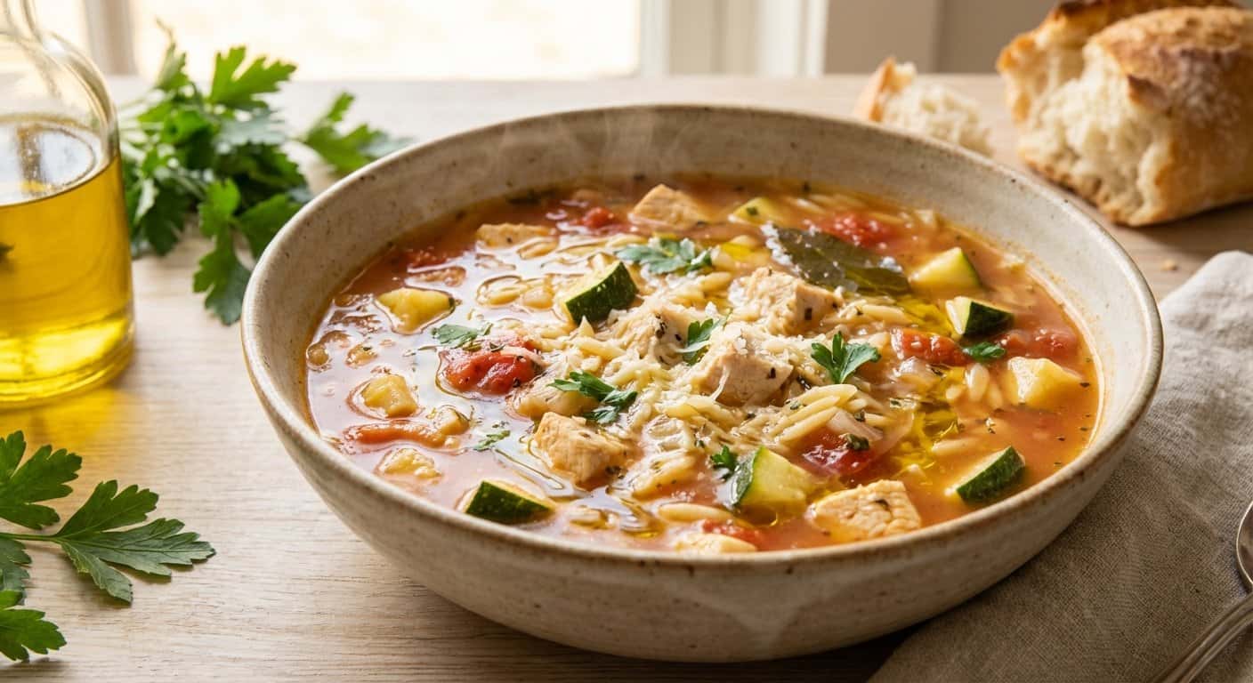 Sopa ligera de pollo con calabacín y mezcla mediterránea