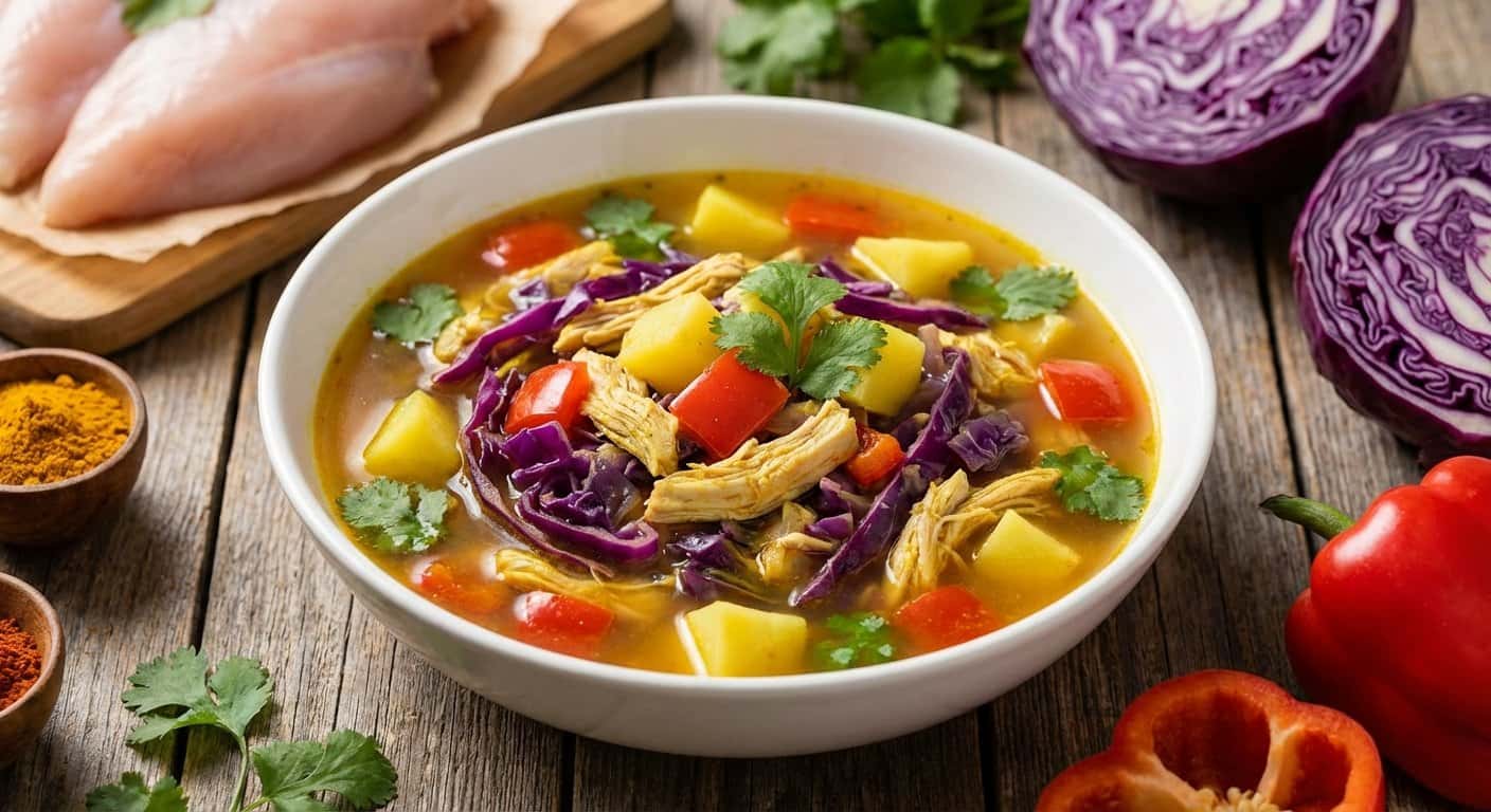 Sopa Ligera de Pollo con Col Lombarda y Curry Suave