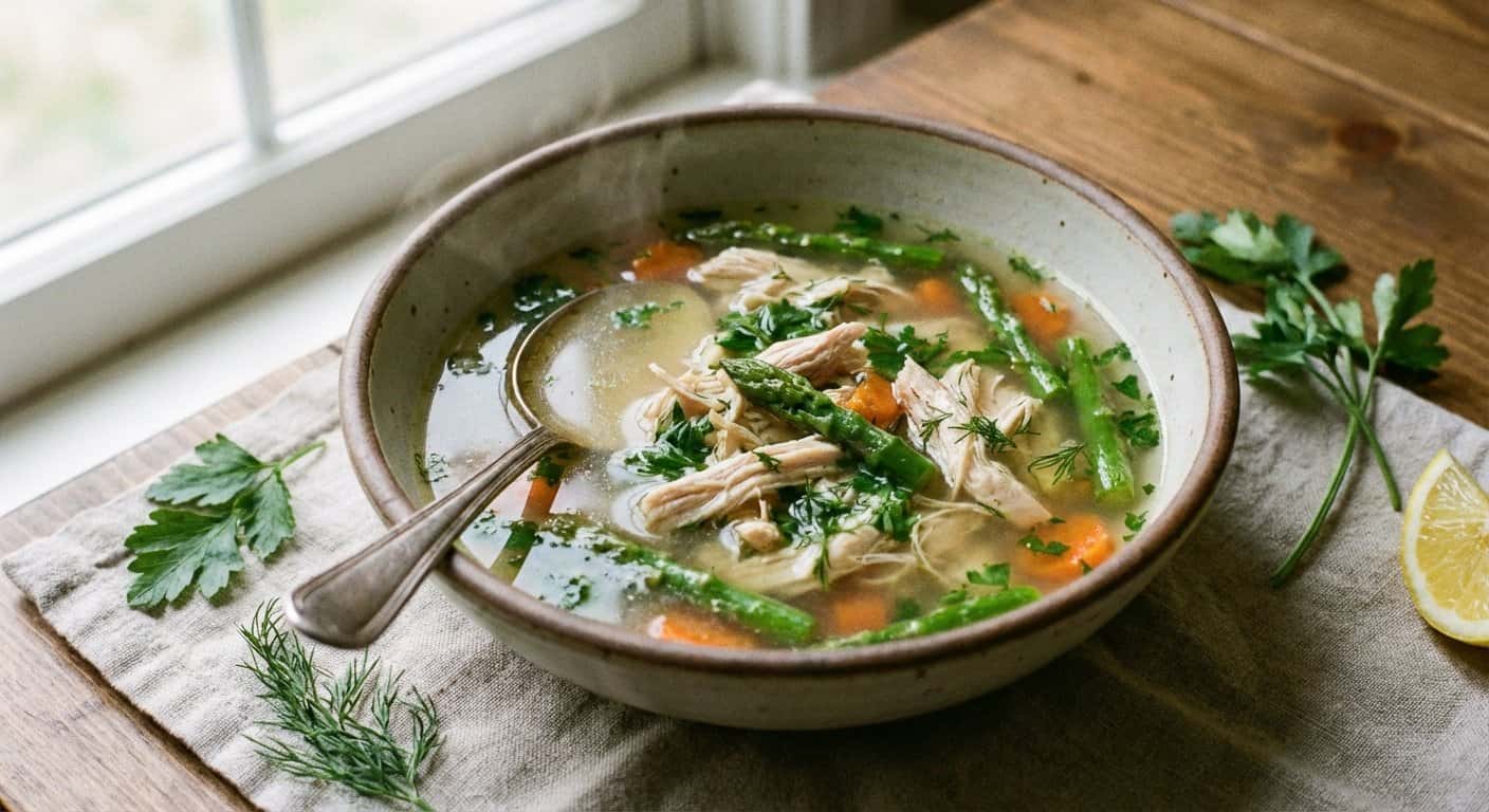 Sopa Ligera de Pollo con Espárragos y Hierbas
