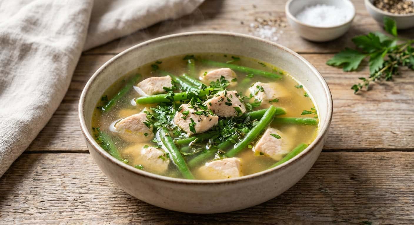 Sopa Ligera de Pollo con Judías Verdes y Hierbas