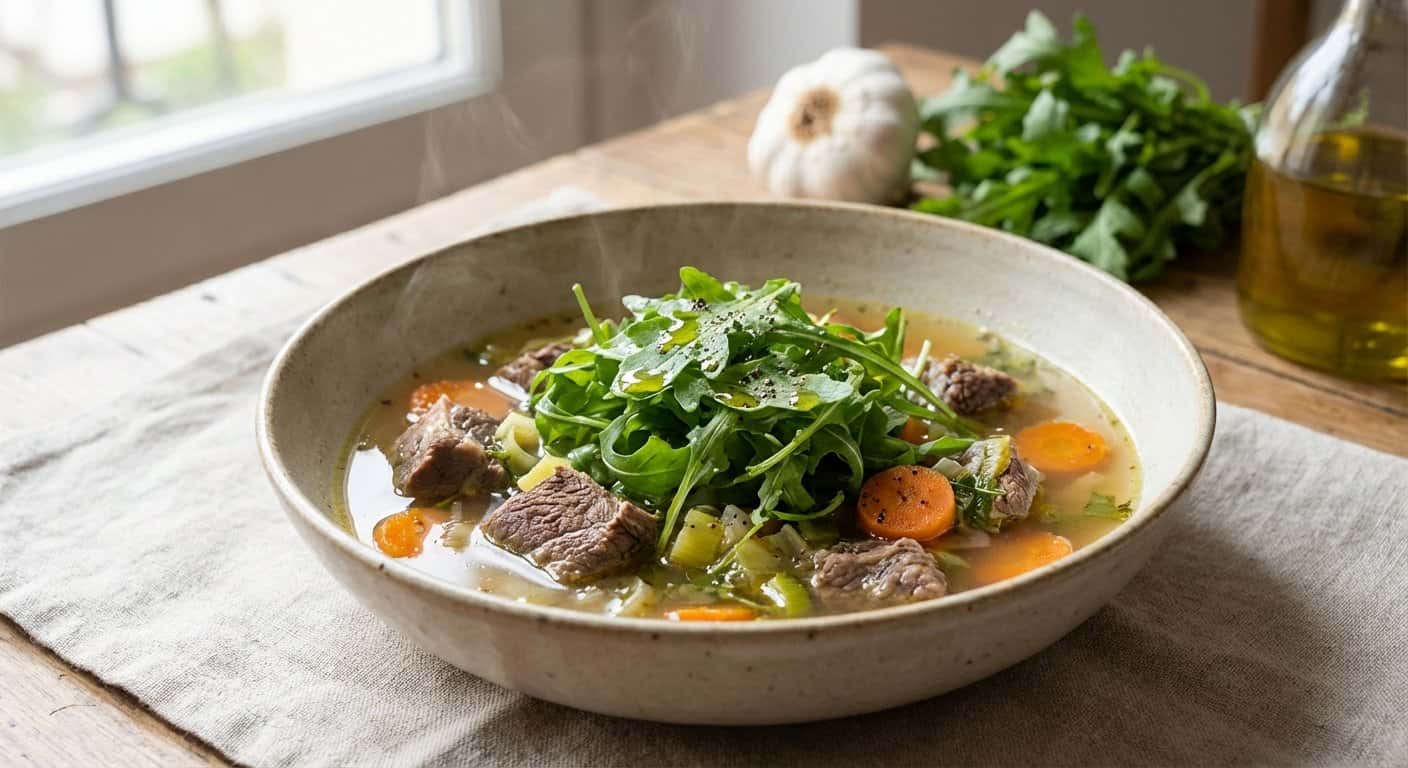 Sopa Ligera de Ternera con Rúcula