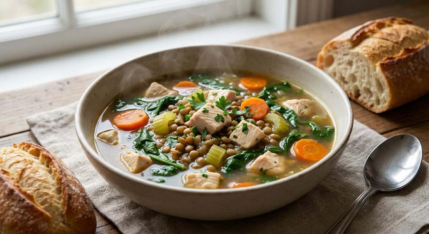 Sopa Reconfortante de Pollo con Espinacas y Lentejas