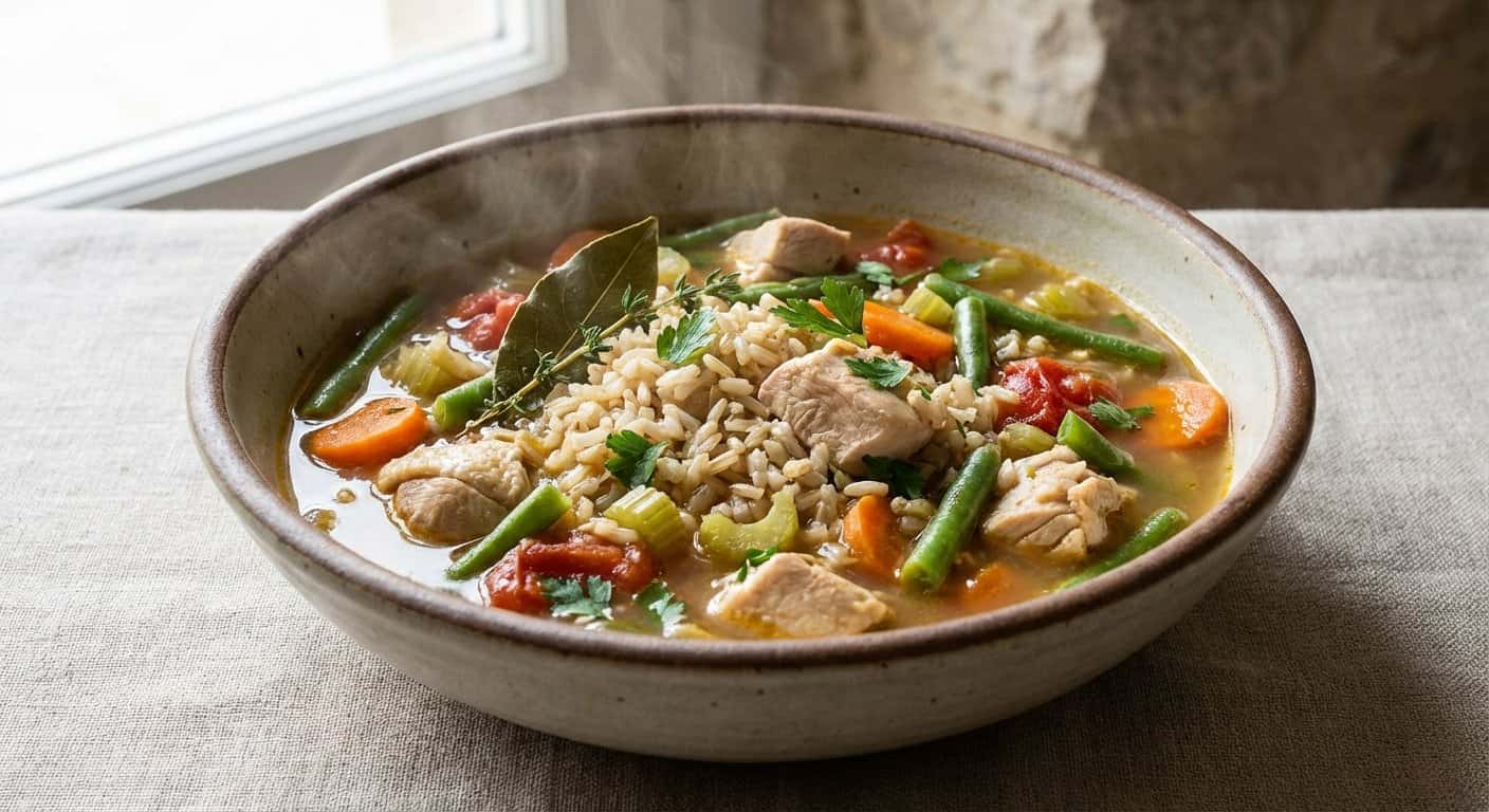 Sopa Reconfortante de Pollo con Judías Verdes y Arroz Integral