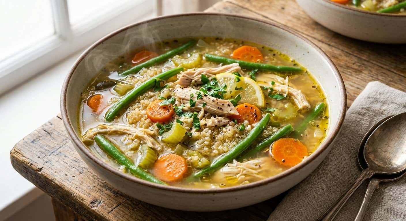 Sopa Reconfortante de Pollo con Judías Verdes y Quinoa