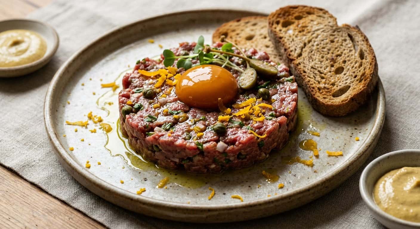 Steak Tartar de Buey con Yema Curada y Alcaparras