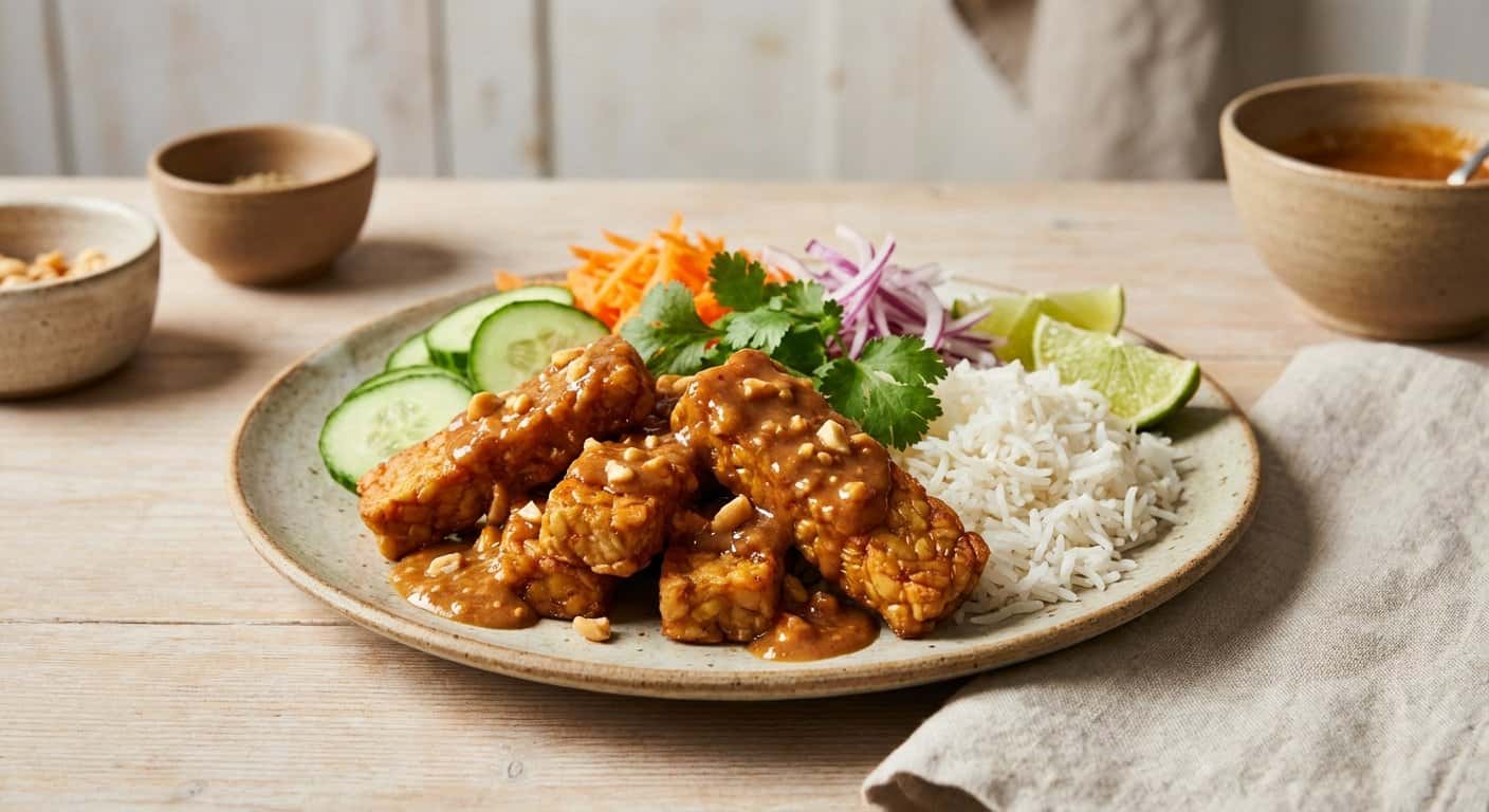 Tempeh Frito con Salsa de Cacahuete