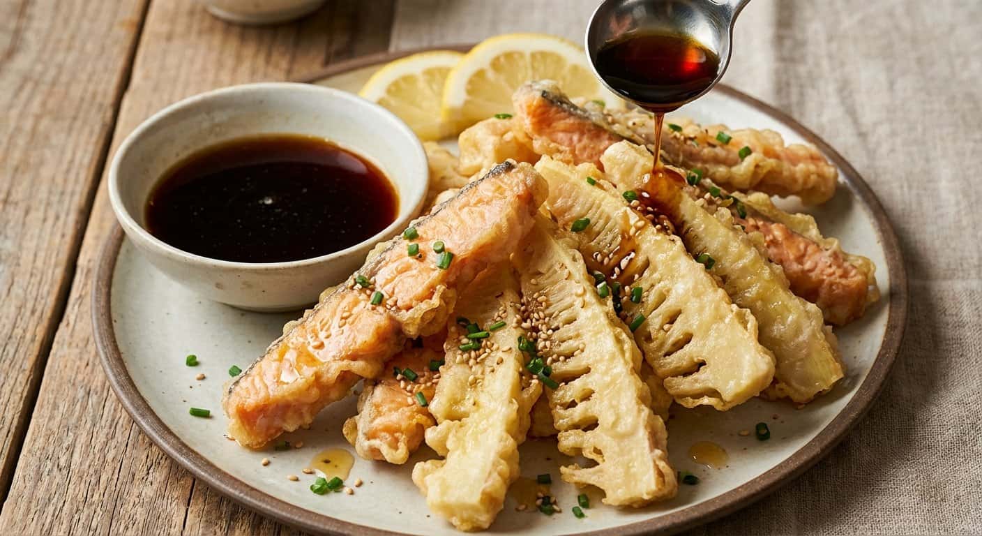 Tempura de Brotes de Bambú y Salmón con Salsa Tare