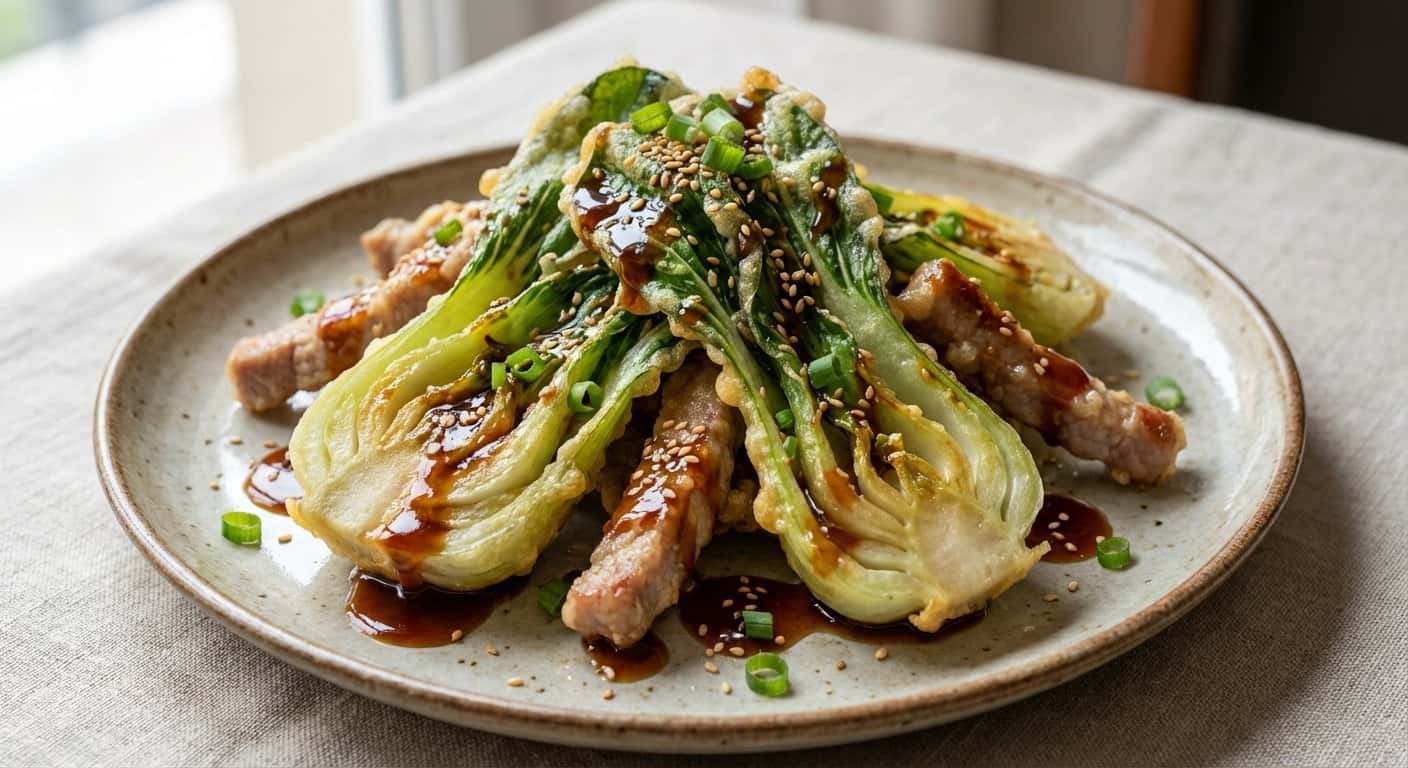 Tempura de Pak Choi y Cerdo con Salsa Tare