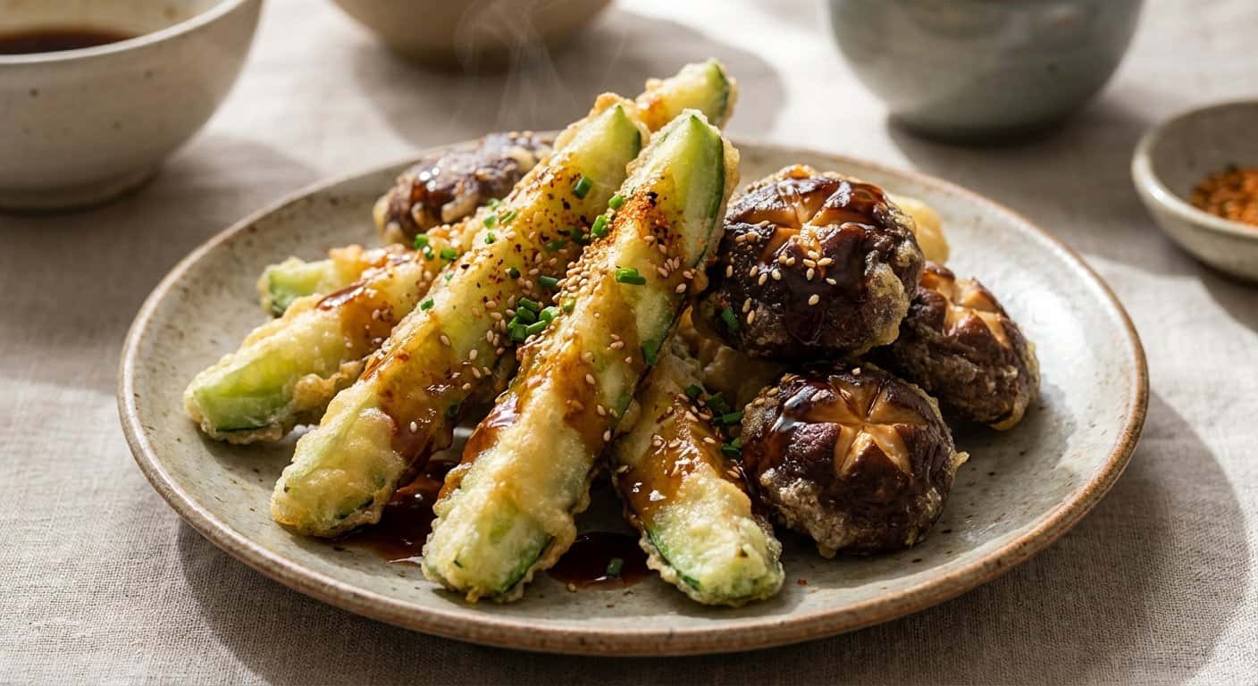 Tempura de Pepino y Setas Shiitake con Salsa Tare