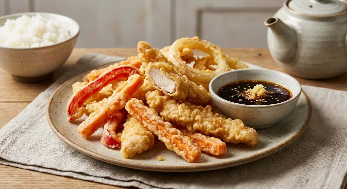 Tempura de Zanahoria y Pollo con Salsa Tare