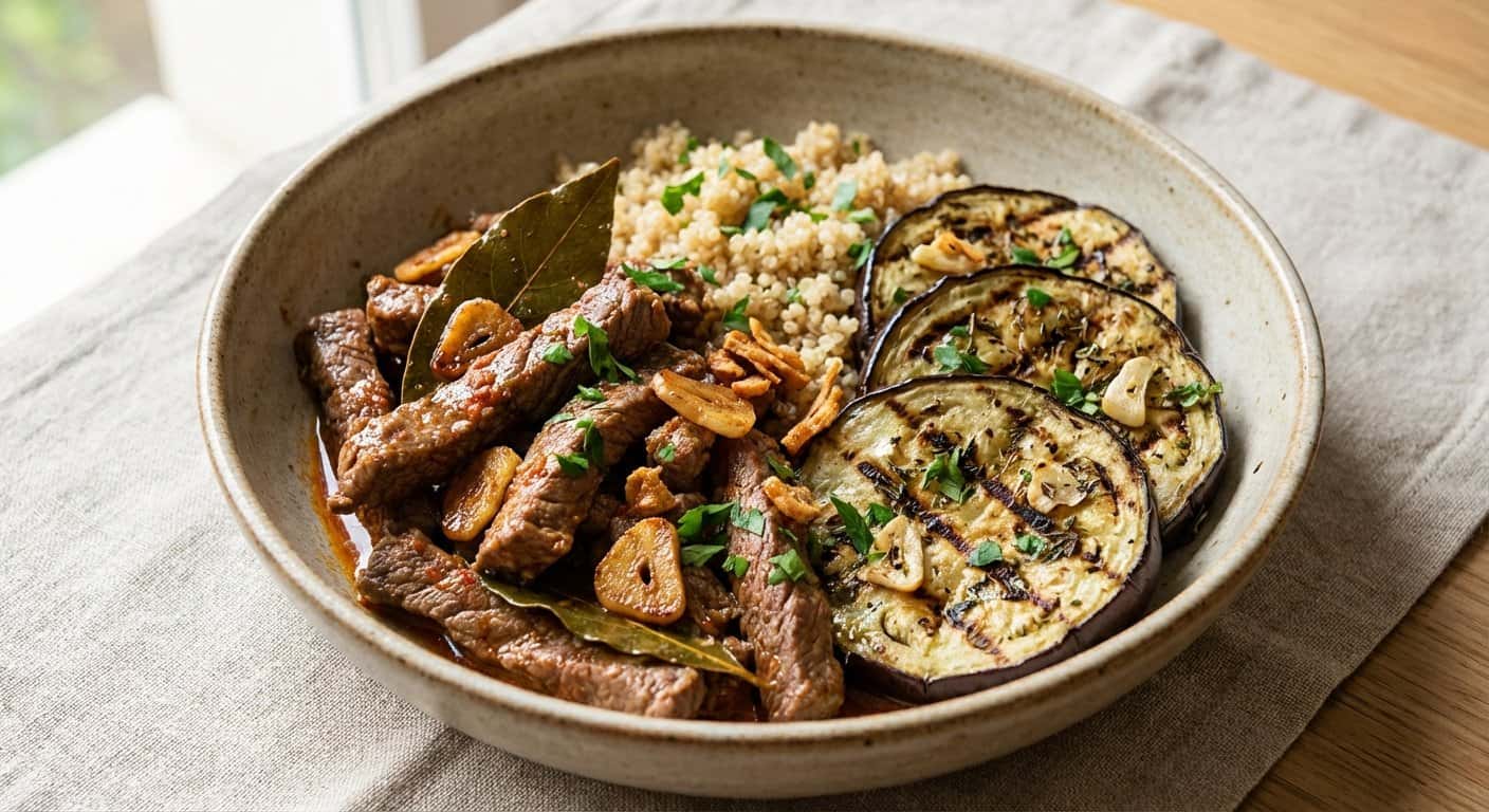 Ternera al Ajillo con Berenjena y Quinoa