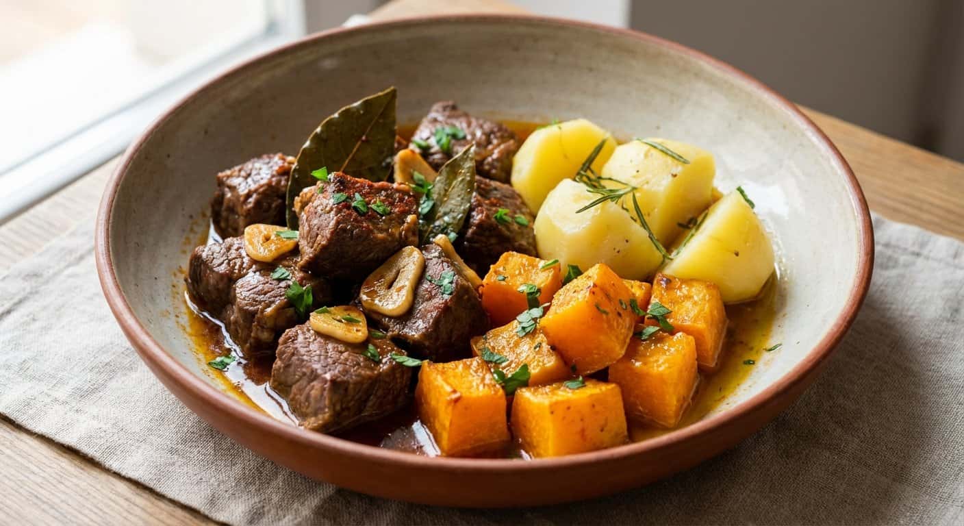 Ternera al Ajillo con Calabaza y Patata Cocida