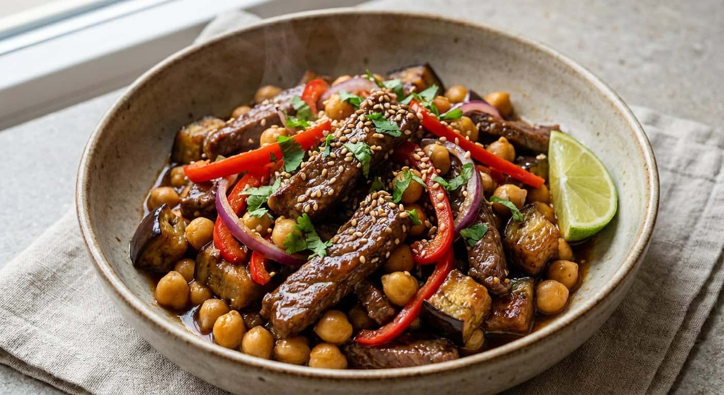 Ternera al Asiática con Berenjena y Garbanzos