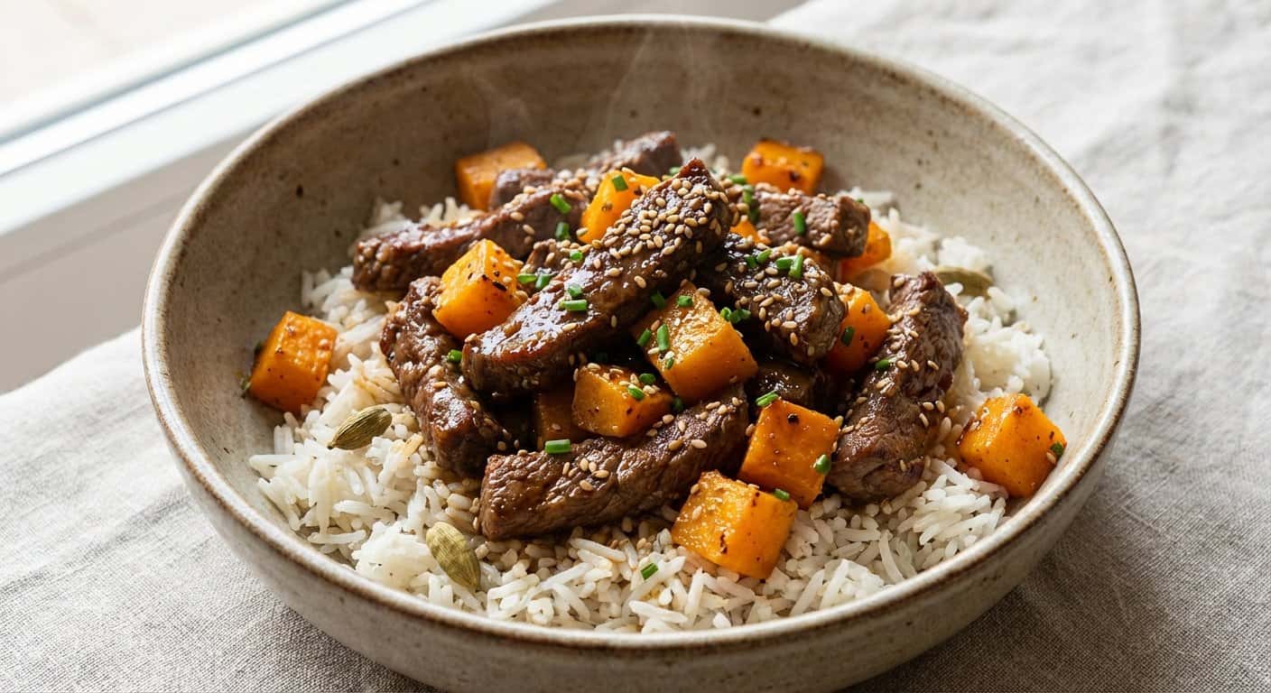 Ternera al Asiática con Calabaza y Arroz Basmati