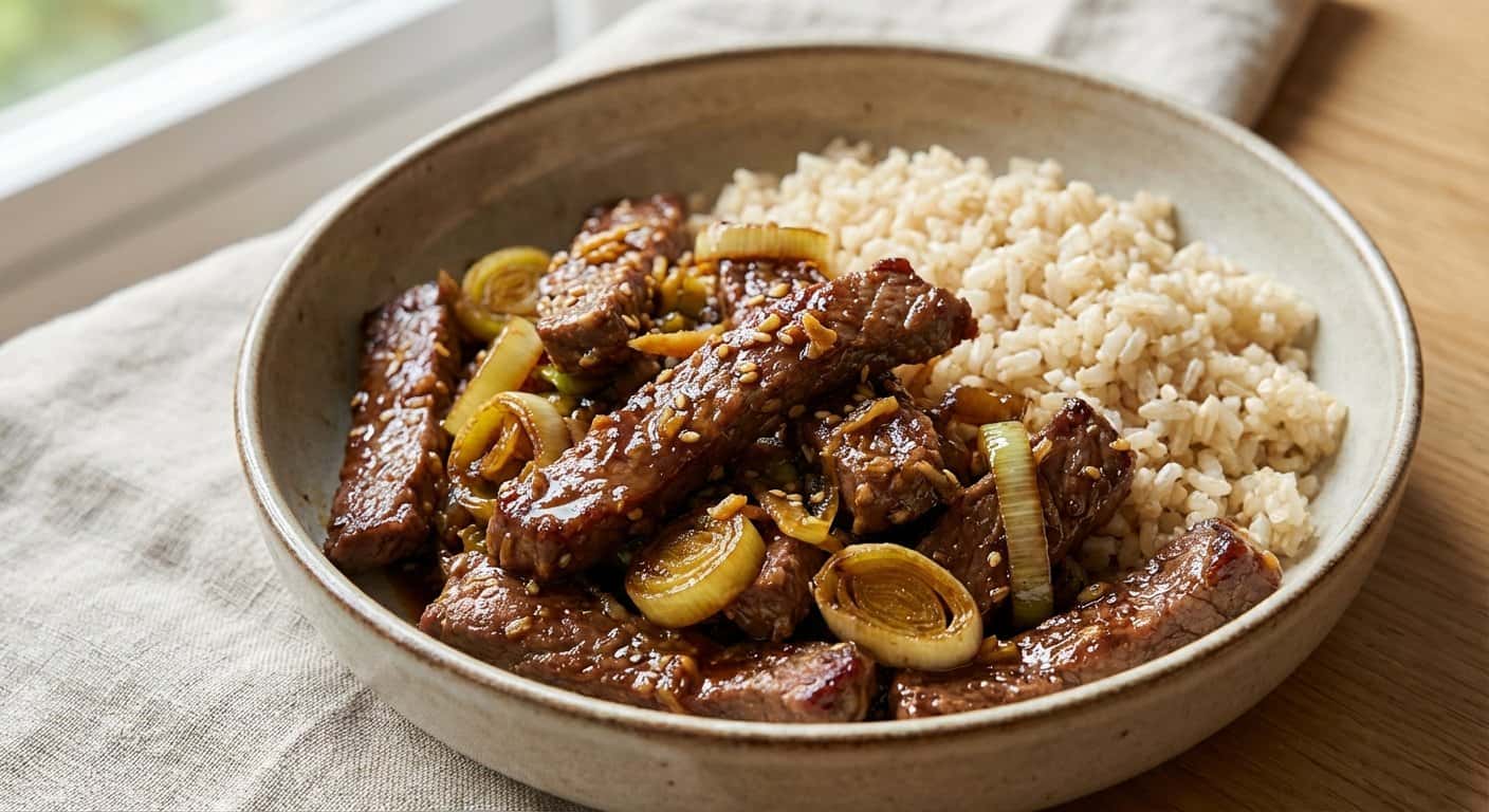 Ternera al Asiática con Puerro y Arroz Integral