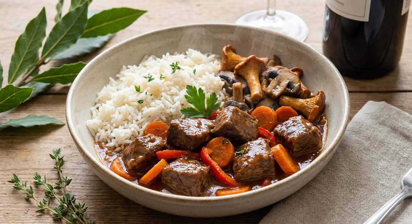 Ternera al Casera con Setas y Arroz Basmati