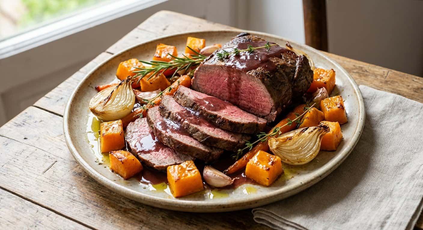 Ternera al horno con calabaza y hierbas