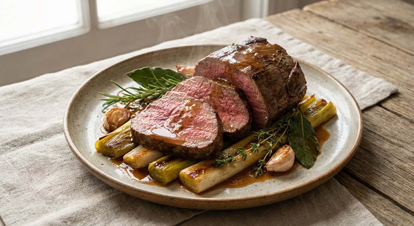 Ternera al horno con puerro y hierbas