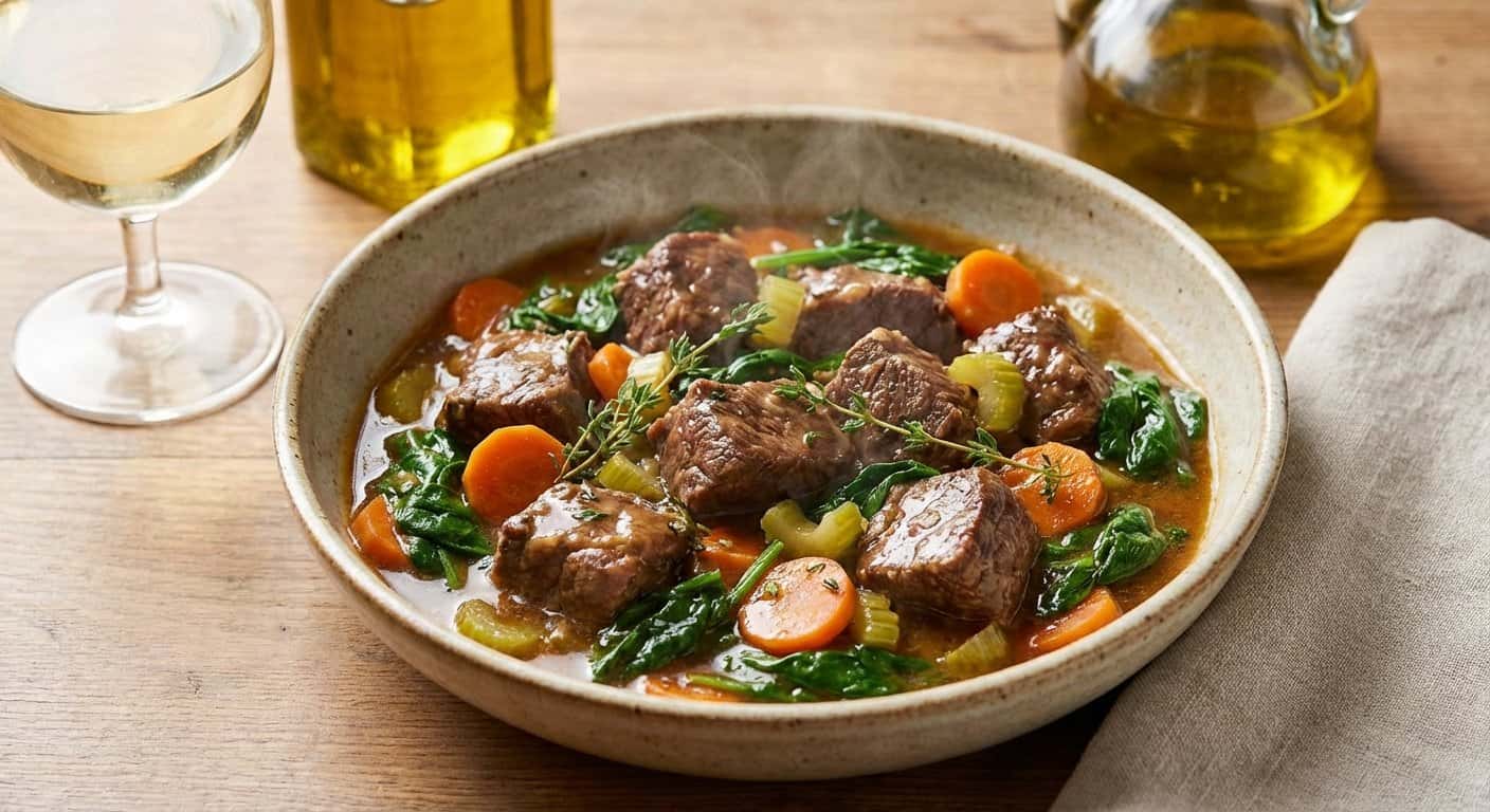 Ternera Guisada Ligera con Espinacas y Tomillo