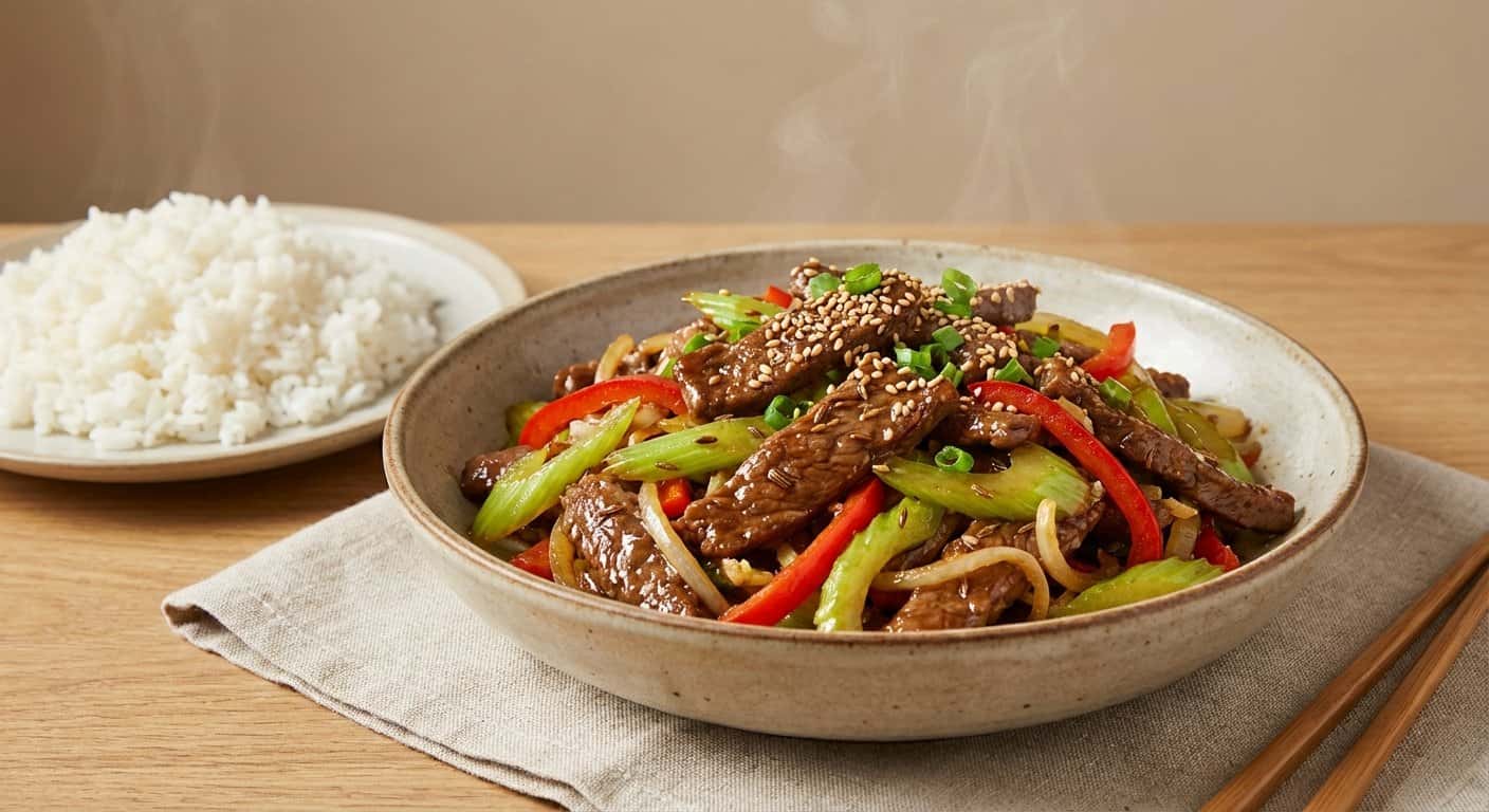 Ternera Salteada con Apio y Comino