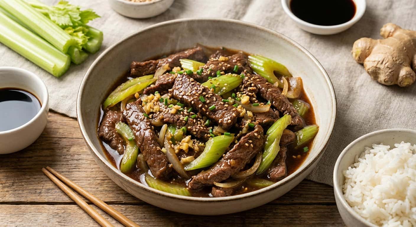 Ternera Salteada con Apio y Jengibre