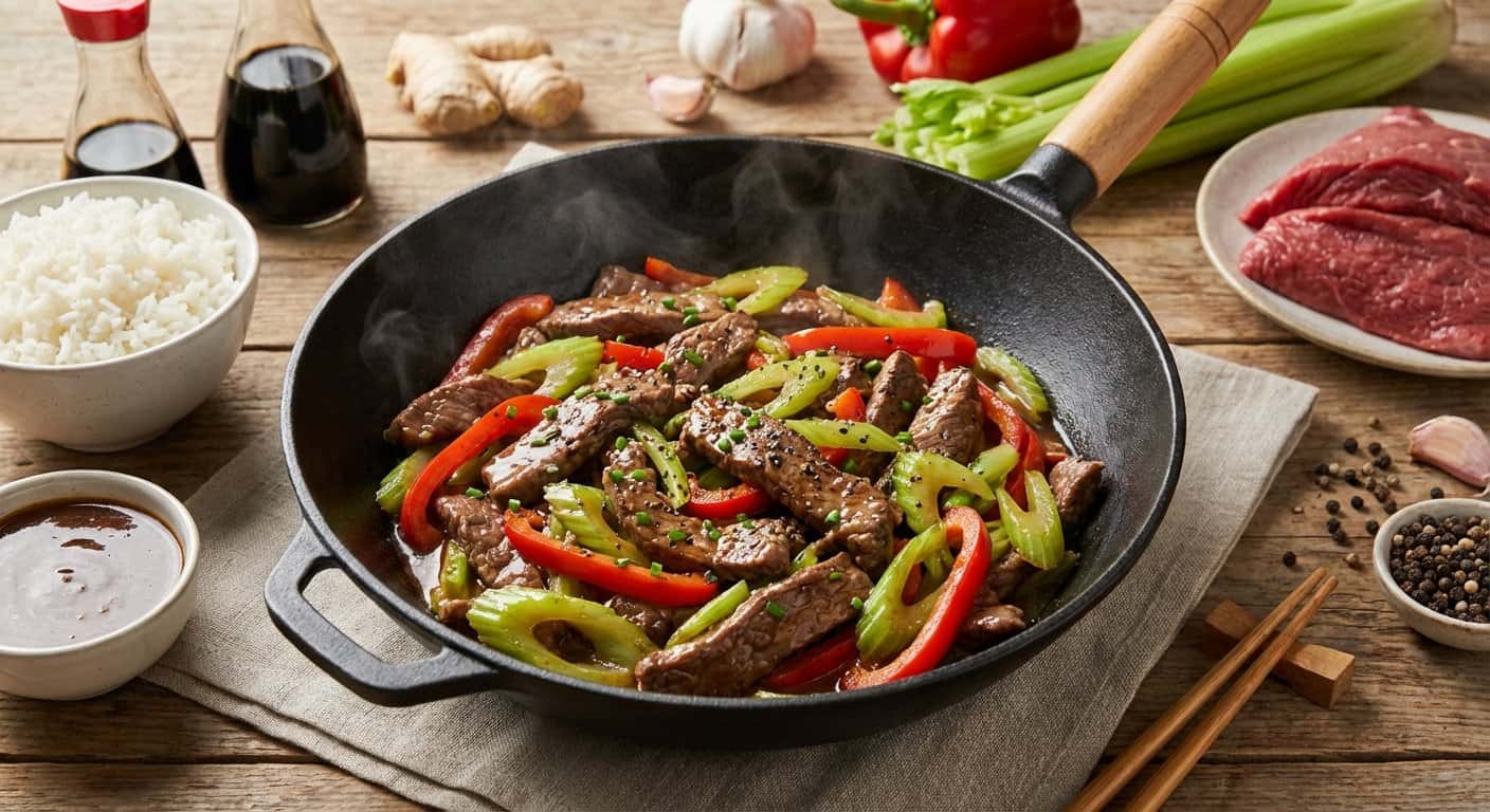 Ternera Salteada con Apio y Pimienta Negra