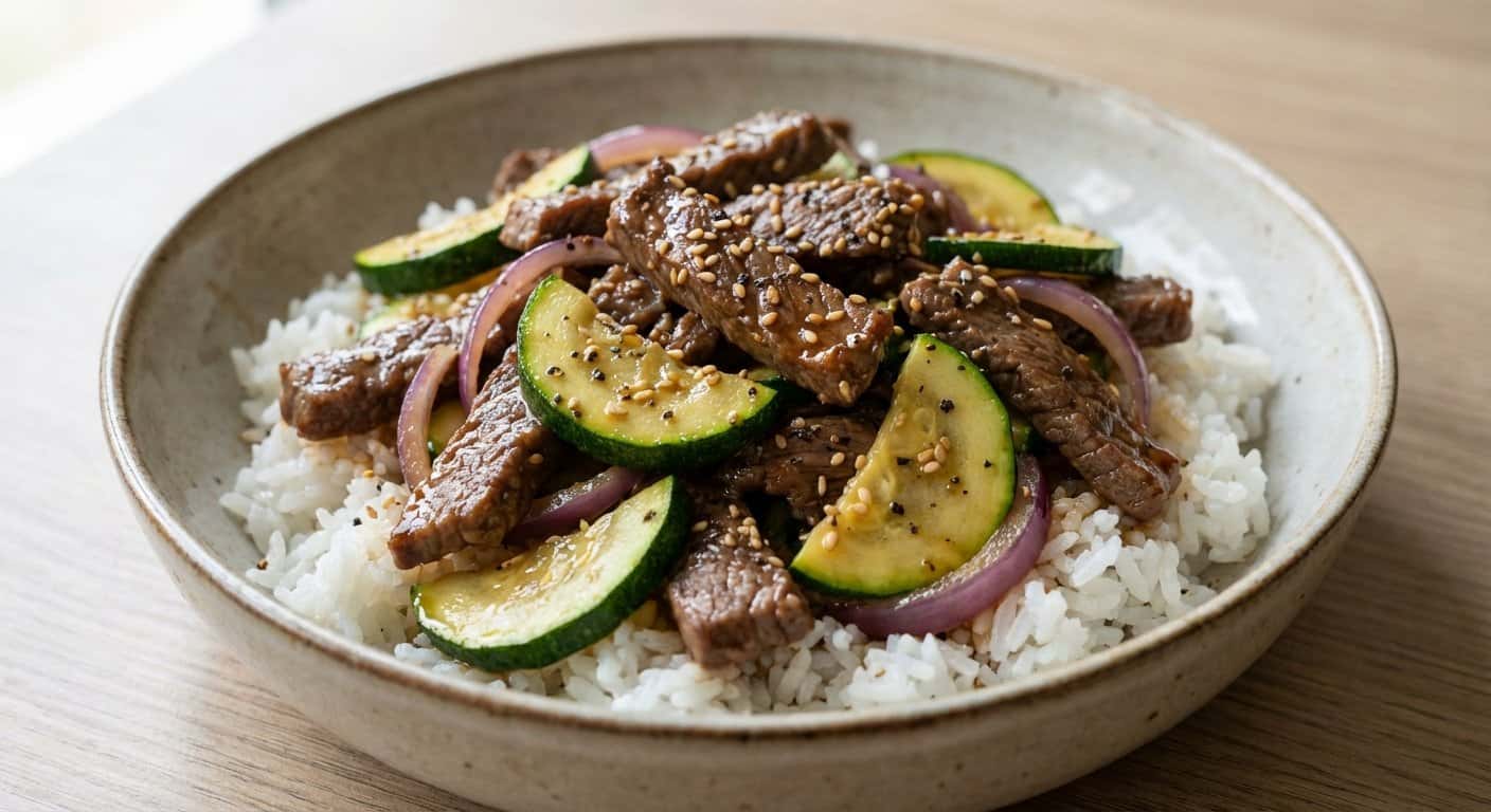 Ternera Salteada con Calabacín y Pimienta Negra